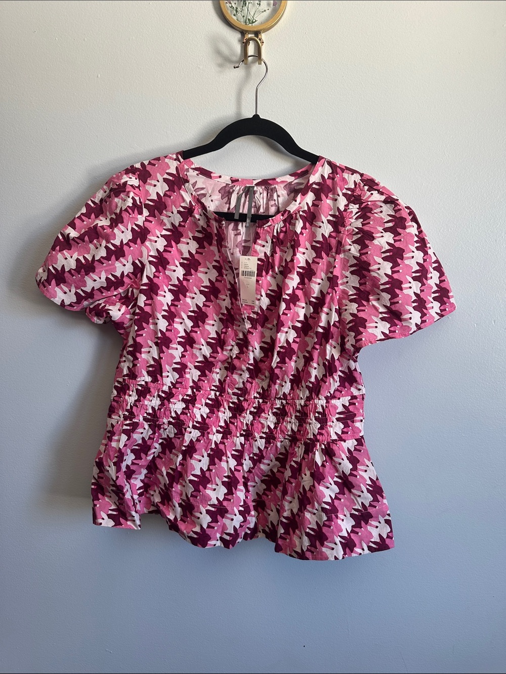 Anthropologie Pink & White Patterned Peplum Blouse